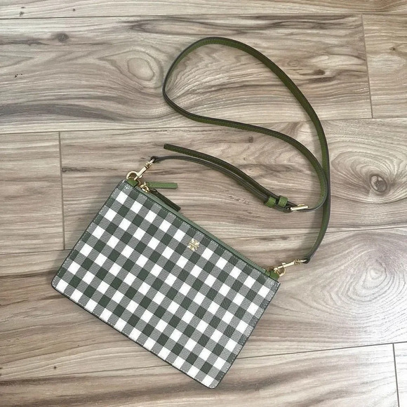 TORY BURCH | Blake Green White Gingham Crossbody Double Zip 3 Compartment Bag - Picture 4 of 12